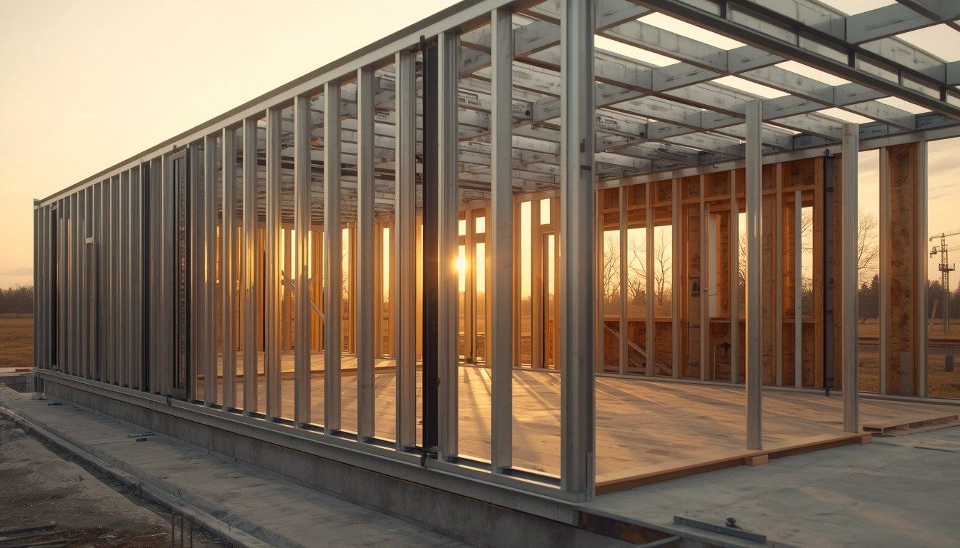 Estrutura de casa modular em steel frame ao pôr do sol