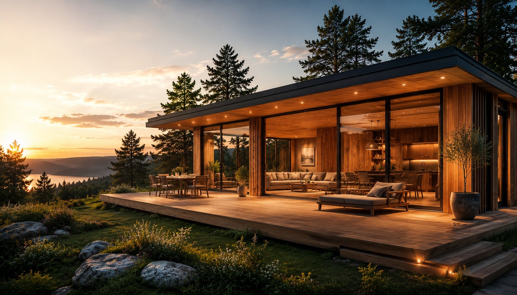Casa modular em madeira ao entardecer, com deck exterior, vista para floresta e lago, e interior iluminado em tons quentes